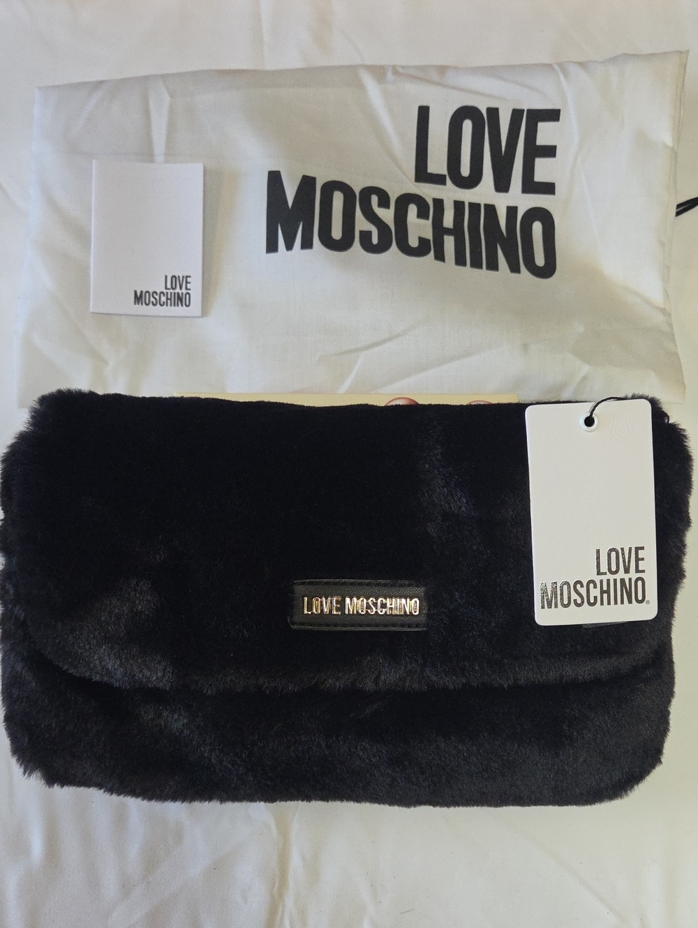 Love Moschino Black Faux Fur Crossbody Clutch with Gold Logo BNWT